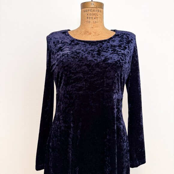 Vintage 90s Long Sleeve Dark Blue Crushed Velvet Empire Waist Dress Size 8 - Picture 4 of 14